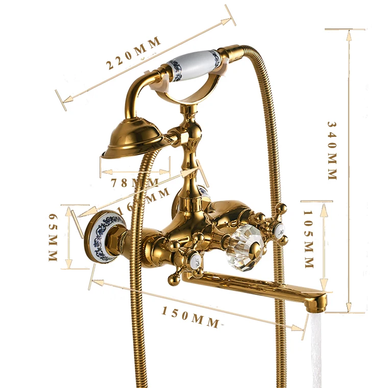 Золотой душевой набор для ванной кран синий и белый фарфор настенный кран для ванной Античный Твердый медный кран