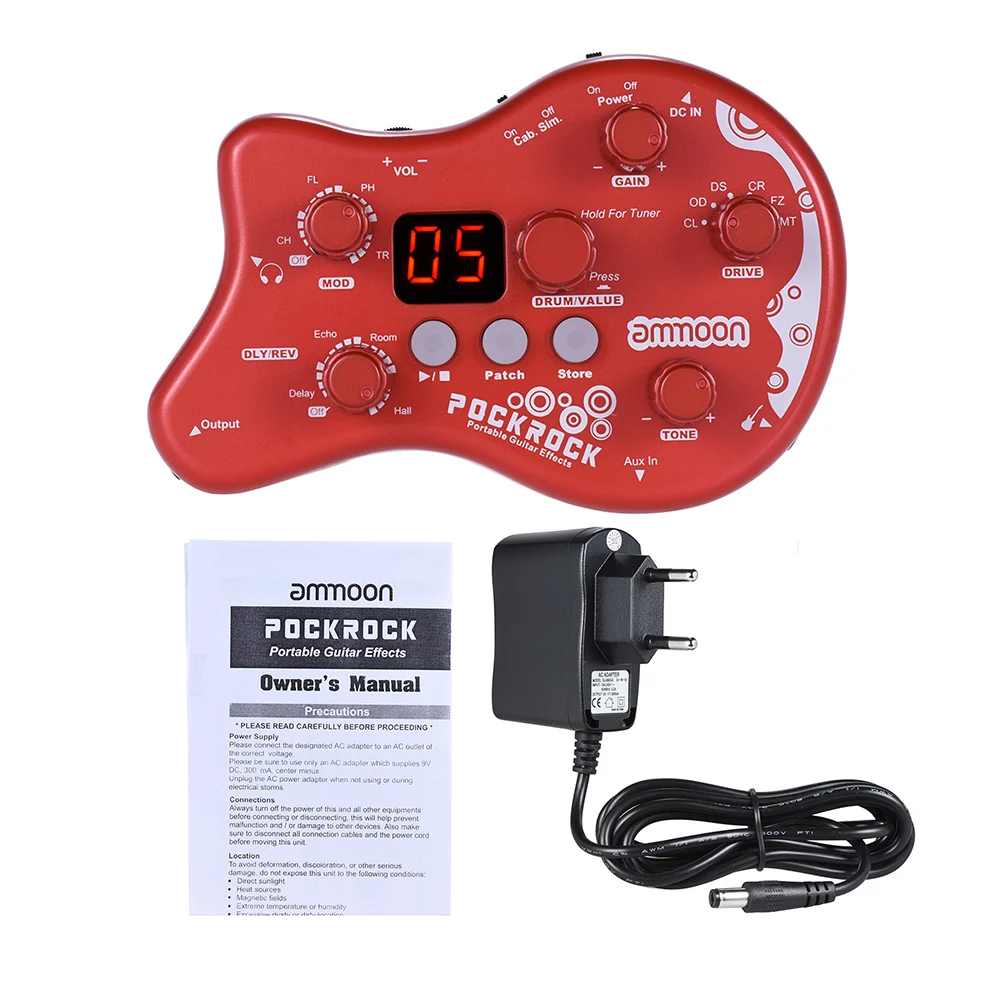 PockRock портативная гитара Мульти-процессор эффектов Педаль эффектов 15 типов эффектов 40 барабанных ритмов Функция настройки - Цвет: Red EU Plug