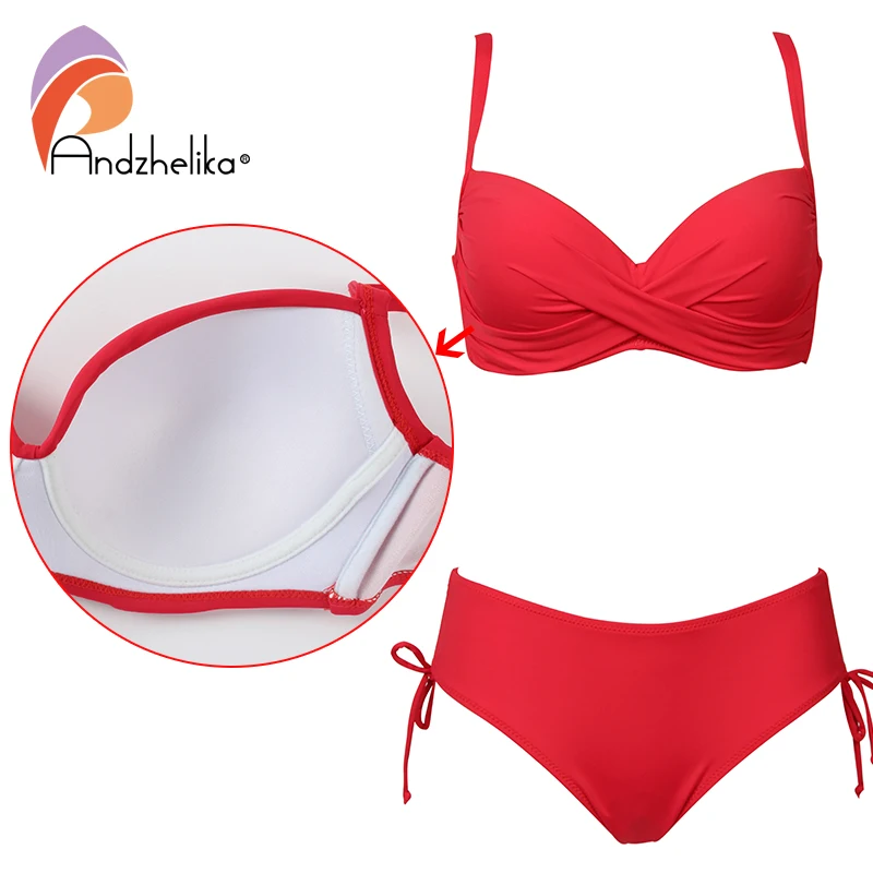 Andzhelika 2018 Plus Size Bikini Set Solid Swimsuit Halter Bikini Summer Beach Wear Cross Straps Swimwear Mid Waist Bathing Suit