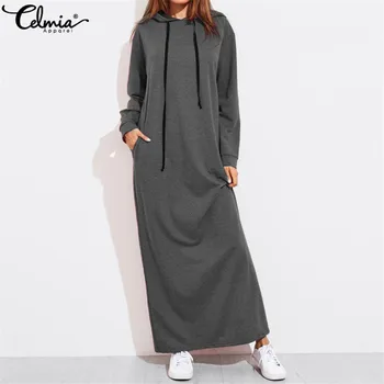 

2020 Celmia Hoodies Dress Women Maxi Long Dress Winter Casual Long Sleeve Pullovers Sweatshirts Female Vestidos Robe Plus Size