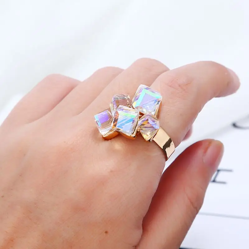 

Square Aurora Clear Stone Crystal Rings For Women Wedding Jewelry Best Gifts