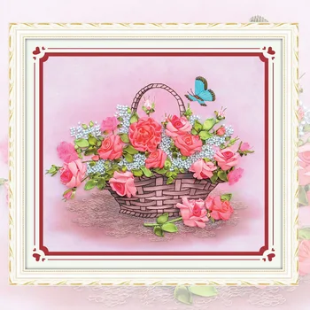 

Needlework DIY Ribbon Cross Stitch Sets for Embroidery Kit, Flower Basket Ribbon Cross-Stitch Painting Home Wall Decor C-0210