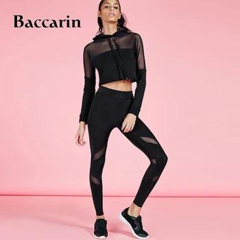 

2019 Women Tracksuit Net yarn Patchwork Longsleeve Sexy Fitness Women's Suits 2 Piece Set (Pant + Top) Survetement Femme