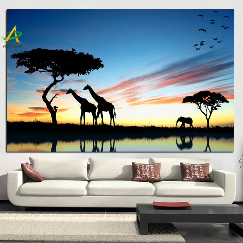 YWDECOR Abstract Bird Giraffe Elephant Tree River LandScape Painting Print on Canvas Wall Picture Modern POP Art for Living Room