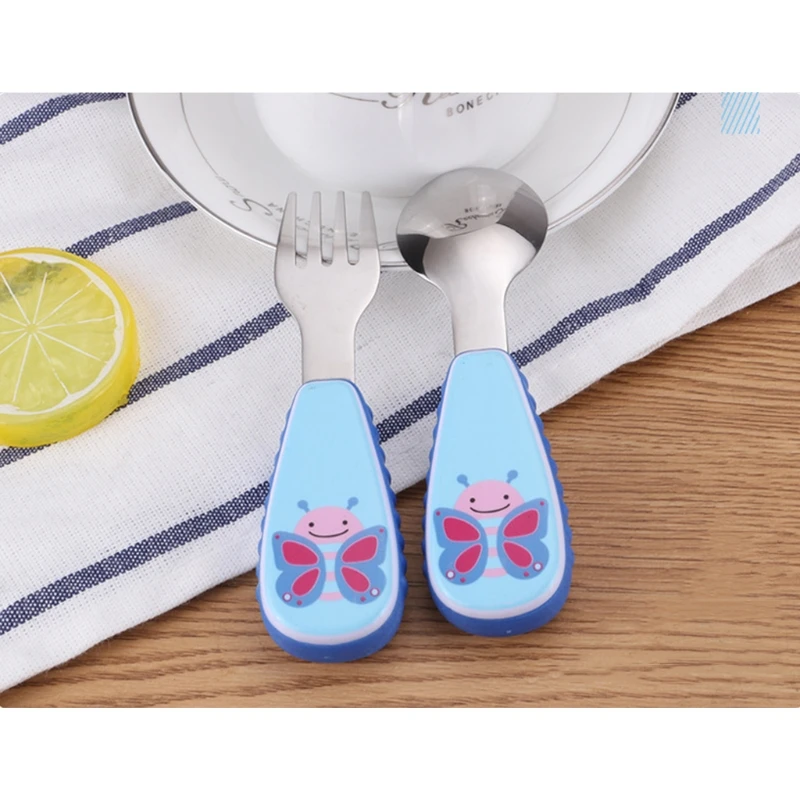 NEW 1 Set Baby Tableware Spoon Fork Stainless Steel Cartoon Dinner Dish Feeding Food NEW 1 Set Baby Tableware Spoon Fork Stainless Steel Cartoon Dinner Dish Feeding Food
