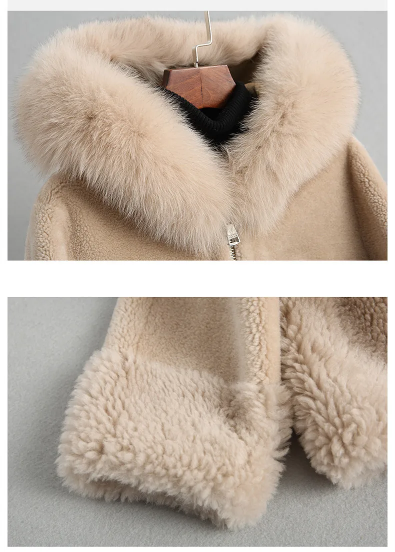AYUNSUE, женские пальто из овечьей шерсти, натуральный Лисий мех, воротник с капюшоном, Настоящая Шерсть, шуба, женская зимняя куртка для стрижки овец 18154, WYQ2022