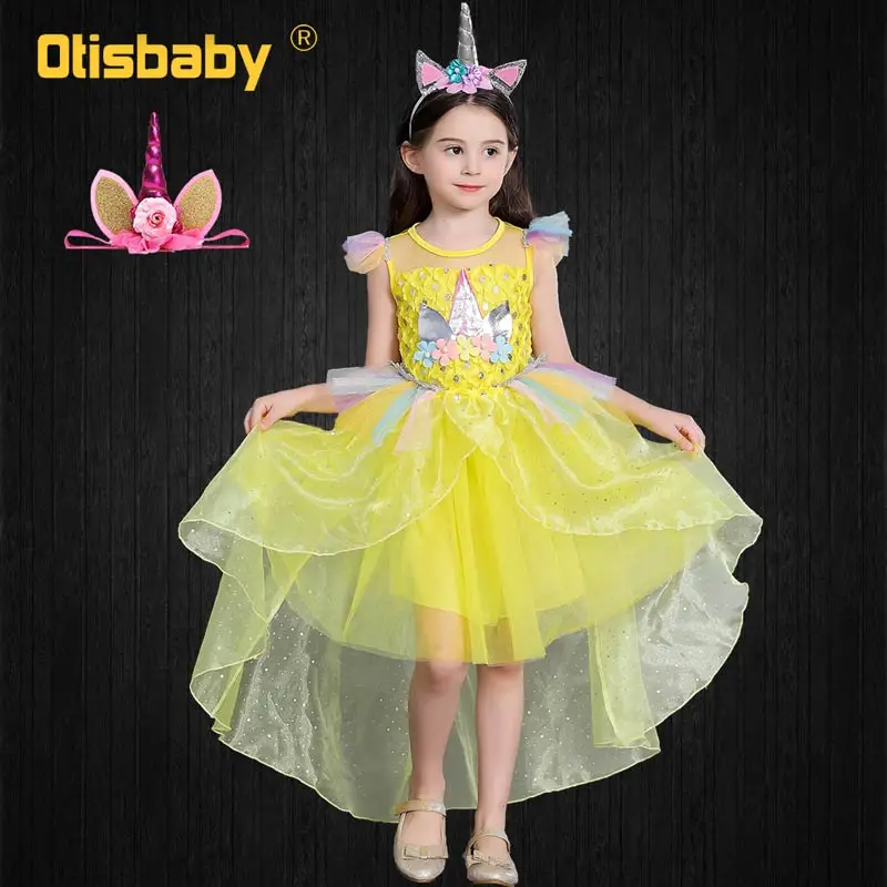 Детское платье с цветочным принтом и единорогом для дня рождения; костюм для девочек на Рождество и год; платье принцессы с длинным шлейфом для девочек; roupa infantil - Цвет: Yellow Set