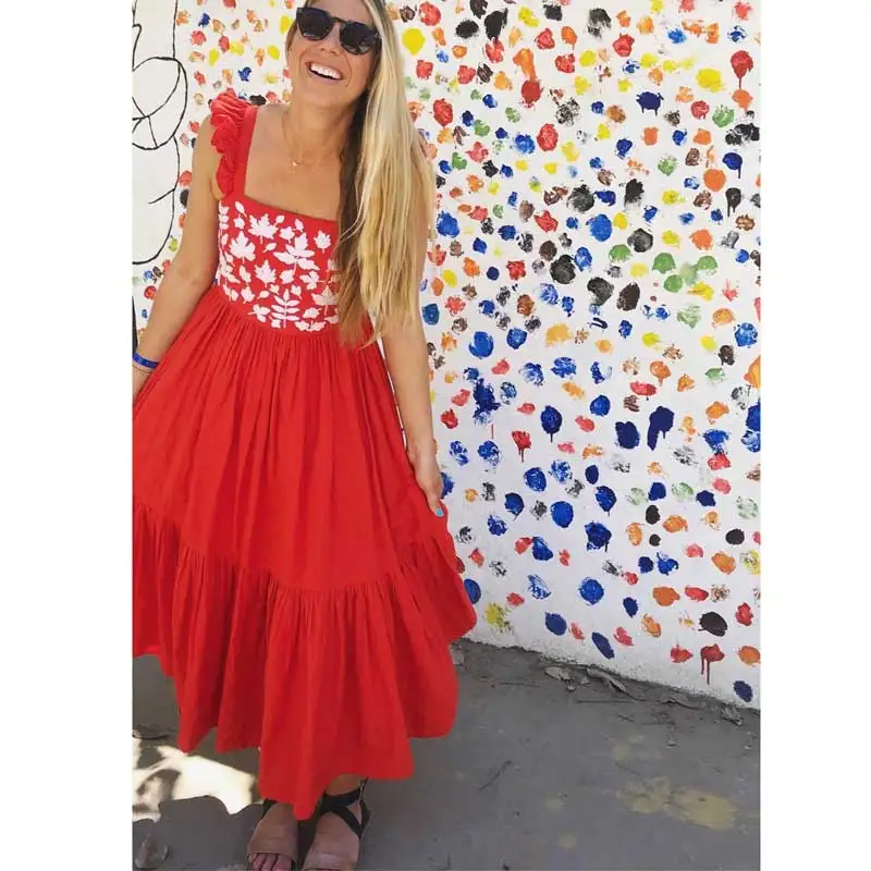 

Boho Inspired Embroidered Dress strappy Sleeveless Midi summer dresses orange cotton strapless cute dress women 2019 vestidos