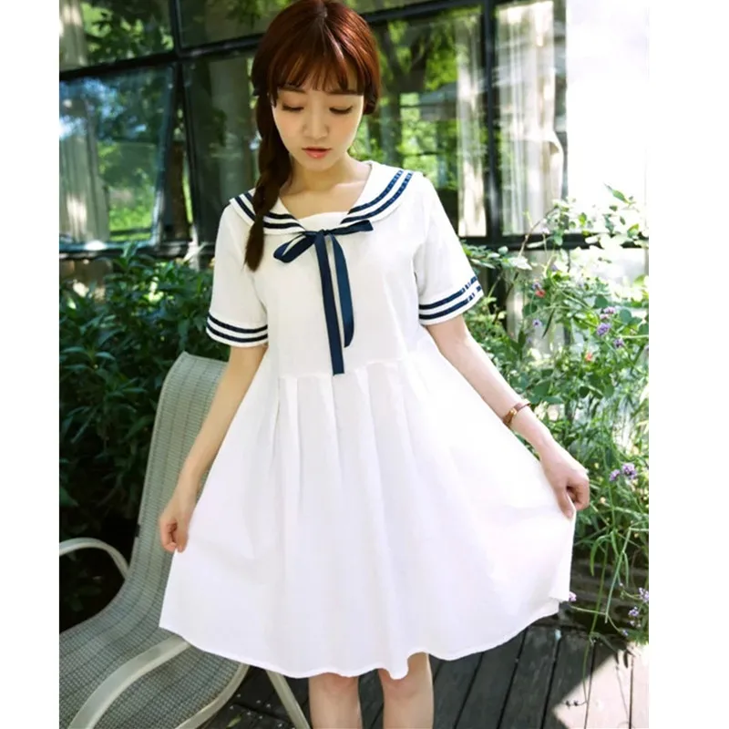 

Women Summer Dress 2018 New Casual Knee-length Sailor Collar Preppy Style Mori Girl Cute Dresses