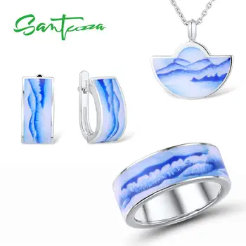 

SANTUZZA Silver Jewelry Set for Women Pure 925 Sterling Silver Blue Mountain Sea Earrings Pendant Ring Set Poetic Fine Jewelry