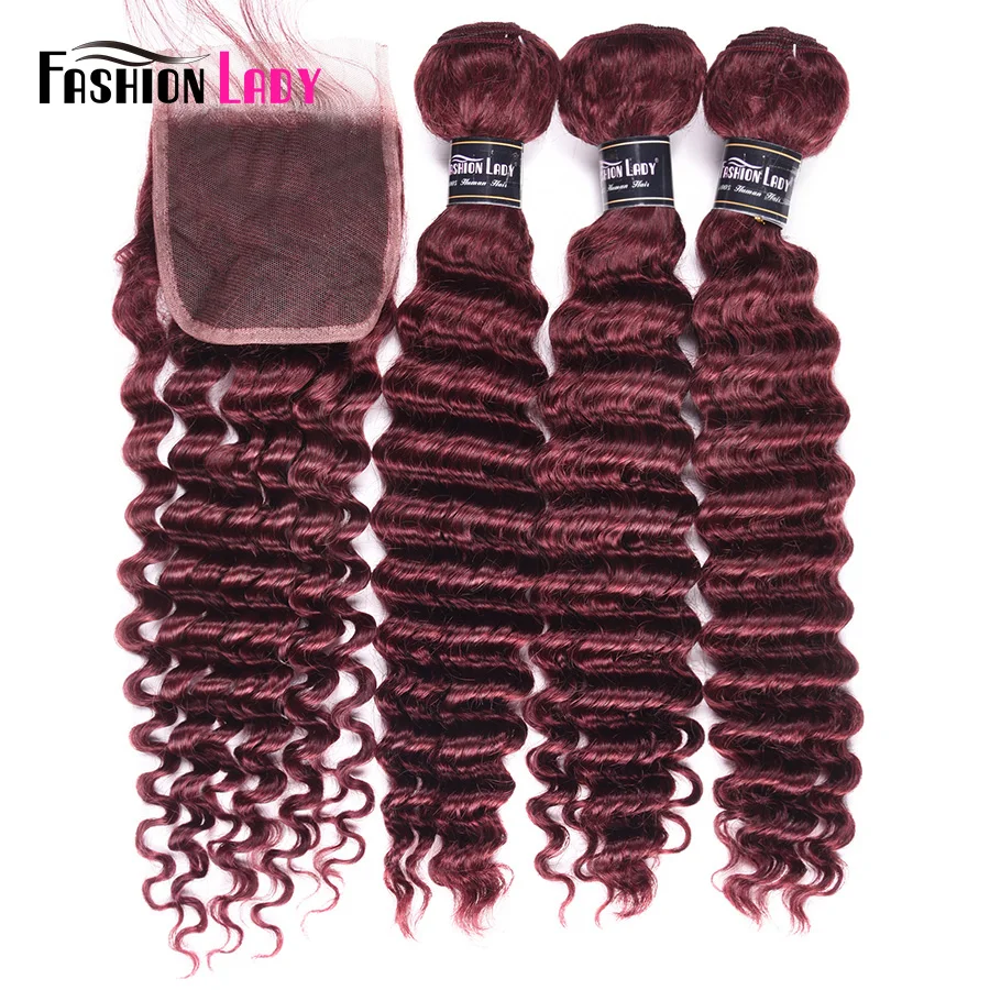 Fashion Lady Pre-Colored Peruvian Bundles With Closure Red Bundles Human Hair 3Pcs 99j Deep Wave Bundles With Closure Non-remy