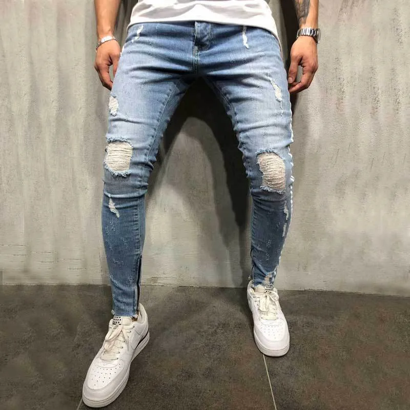 Deals 2019 Men Stylish Ripped Jeans Pants Biker Slim Straight Hip Hop Frayed Denim Trousers New Fashion Skinny Jeans Clothes Jean Pant