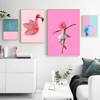 

Flamingo Ballet Flower Girl Posters Canvas Art Painting High Heels Wall Art Nursery Decorative Picture Nordic Style