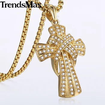 

Trendsmax Crucifix Slide CZ Cross Pendant Necklaces For Men Gold 316L Stainless Steel Mens Pendant Necklace 2018 Jewelry KHP555A