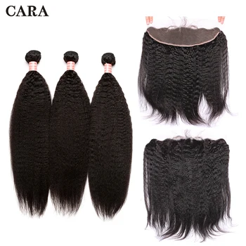 

Kinky Straight Brazilian Hair Weave Bundles with Closure Virgin Human Hair 3 Bundles With Lace Frontal Closure 4Pcs CARA