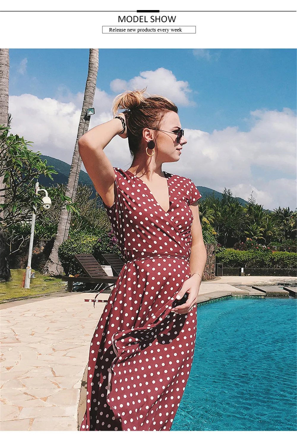 Summer Vacation Party Dress 2018 V Neck Short Sleeve long red dress femme vestidos Sash Elegant thin dot printing dresses (1)