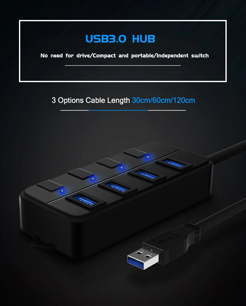 Суб-контроль коммутатор 4-Порты и разъёмы USB 3,0 хаб 30/60/120 cm кабель Портативный 5 Гбит/с супер Скорость черный сплиттер для нескольких