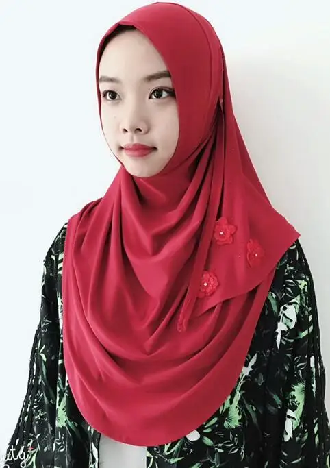 Мода мусульманские петли круглый хиджаб красивые цветы гладкие эластичные исламские обертывания бисером сплошной цвет большой размер хиджаб