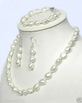 

Real 10-12mm Natural 925 White Akoya Pearl Necklace Bracelet + Earrings 18 "