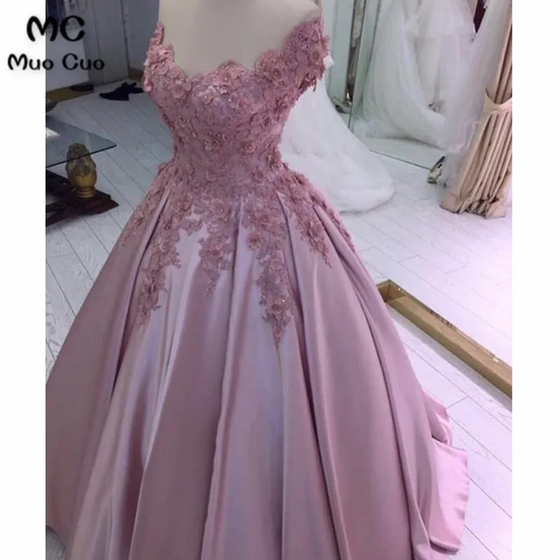 Elegant Ball Gown 2020 Off Shoulder Prom dresses Long with Appliques Flowers Beaded Short Sleeve Evening Prom Dress for Women
