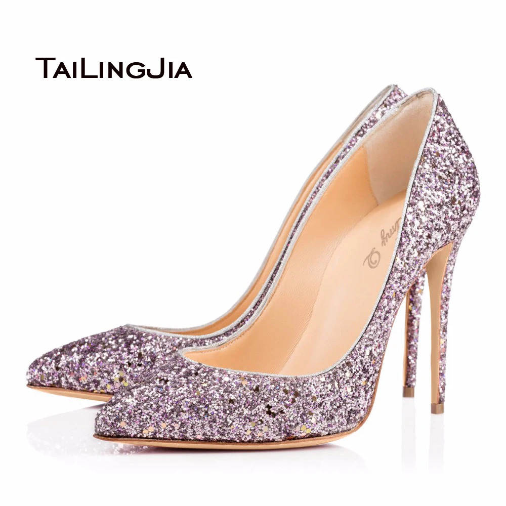 Womens Wedding Shoes High Heel Pumps Purple Glitter Pointy Toe ...