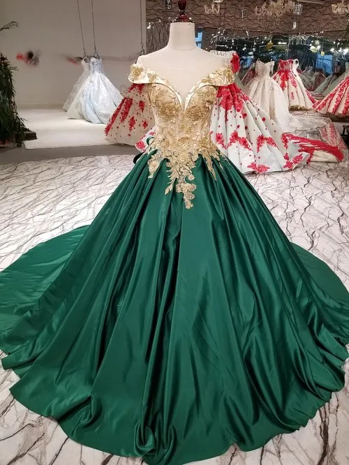 Vestido noiva свадебное платье невесты Винтаж Охотник зеленый атлас золотые кружевные аппликации Формальные платья Часовня Поезд с бантом сзади - Цвет: hunter green