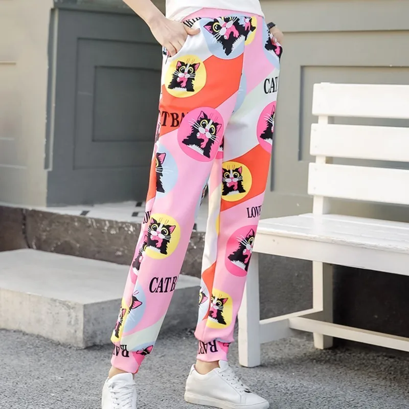 

2019 Summer Harem Pants Women Streetwear Cat Print Long Trousers Elastic Waist Casual Long Pant Female Trousers Vestidos Femme