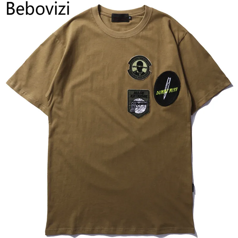 

Bebovizi Men Badge Embroidery Cotton Tshirts Streetwear Hip Hop Casual T-shirt Fashion Army Green Short Sleeve Tee Shirt Homme