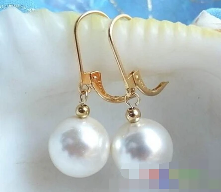 

free shipping 00074 WHITE ROUND SOUTH SEA SHELL PEARL DANGLE EARRING