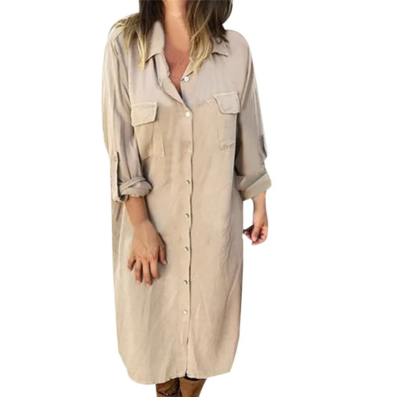 

Buttoned sundress female Solid Color Lwomen's dresses ong-Sleeved Shirt Pocket Dress vestido elbise robe#G7