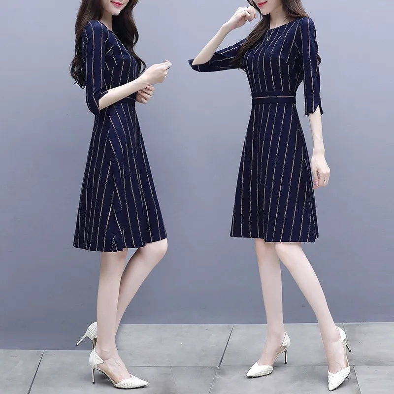 

Summer Fashion Casual Striped Contrast color Simple Dress Three quarter Sleeve Women‘s elegant Vintage O-neck sundress 2019 New