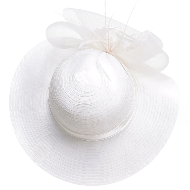 واسعة بريم القبعات للنساء الأبيض الريشة شبكية fascinator الشمس القبعات السيدات الفتاة الصيف القبعات الزفاف ديربي الكنيسة بيتش كاب