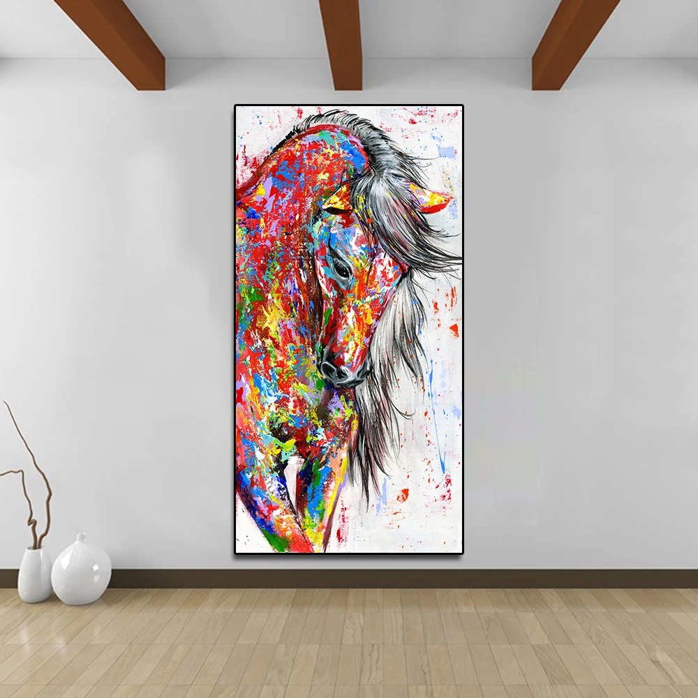 AAVV Big Large Size Oil Painting Animal Wall Art Pictures for Living Room Home Decor Canvas Painting Running Red Horse No Frame