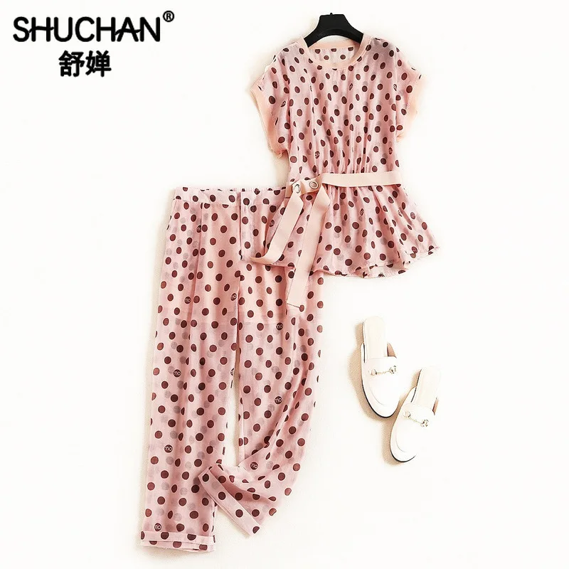 

Shuchan Office Lady Polka Dot Women Two Piece Outfits Tops with Sleeveless+ Calf-Length Pants Summer Suit Female 11991