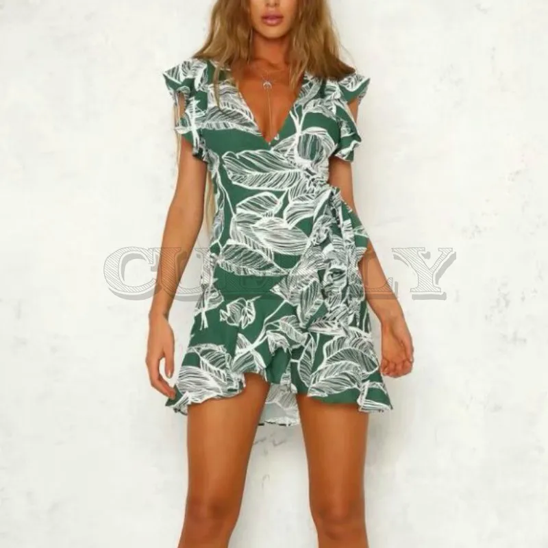 

CUERLY elegant v neck leaves print short dress women Summer cool boho beach sexy dress Female casual daily dress vestidos