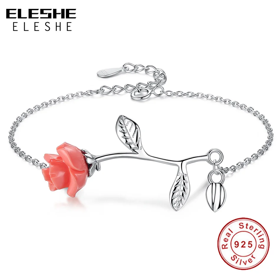 

ELESHE 100% 925 Sterling Silver Bracelet with Adjustable Link Chain Pink Rose Flower Charm Bracelet & Bangles Women Fine Jewelry