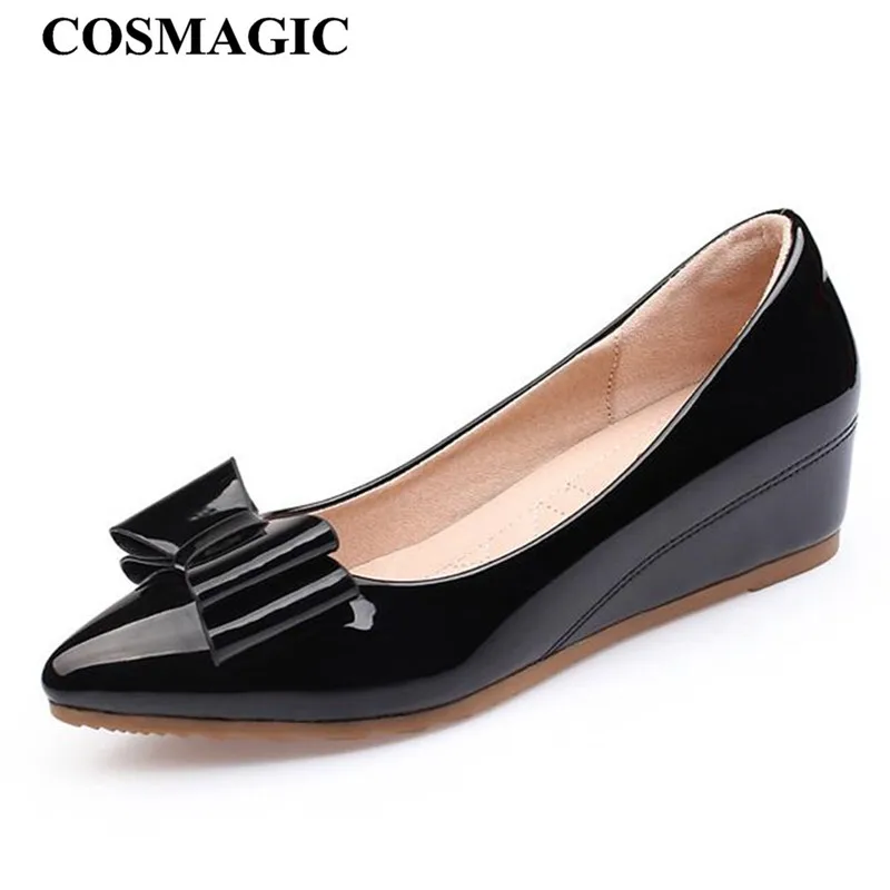 COSMAGIC 2017 New Women Bowtie Patent Leather Med Heel Shoe Fashion ...