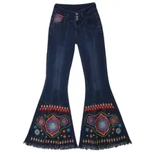 Модные 3D вышитые цветочные джинсы размера плюс женские расклешенные джинсовые штаны женские Винтажные эластичные джинсы