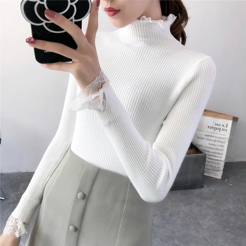 High Elastic Knitted Sweater Women 2018 Autumn Winter Lace Patchwork Long Sleeve Women Sweaters And Pullovers Female Pull Femme