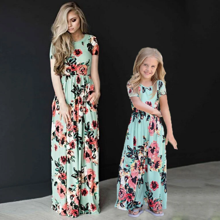 Summer Family Matching Clothes Floral Long Dresses Cotton Mother Daughter Dresses Vintage Retro Girls Kids Ladies Sundress Boho Tunic Maxi Dress Casual Birthday Princess Party Dress