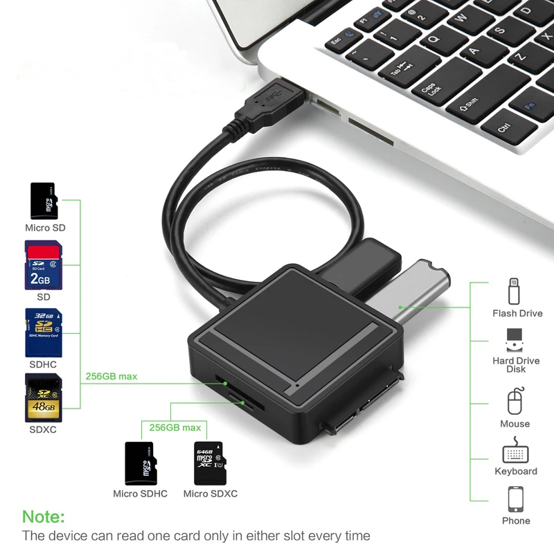 

KuWFi SATA Adapter TF/SD Card Reader USB 3.0 Hub 2 Ports Converter 3 IN 1 for 2.5/3.5 HDD Hard Drive