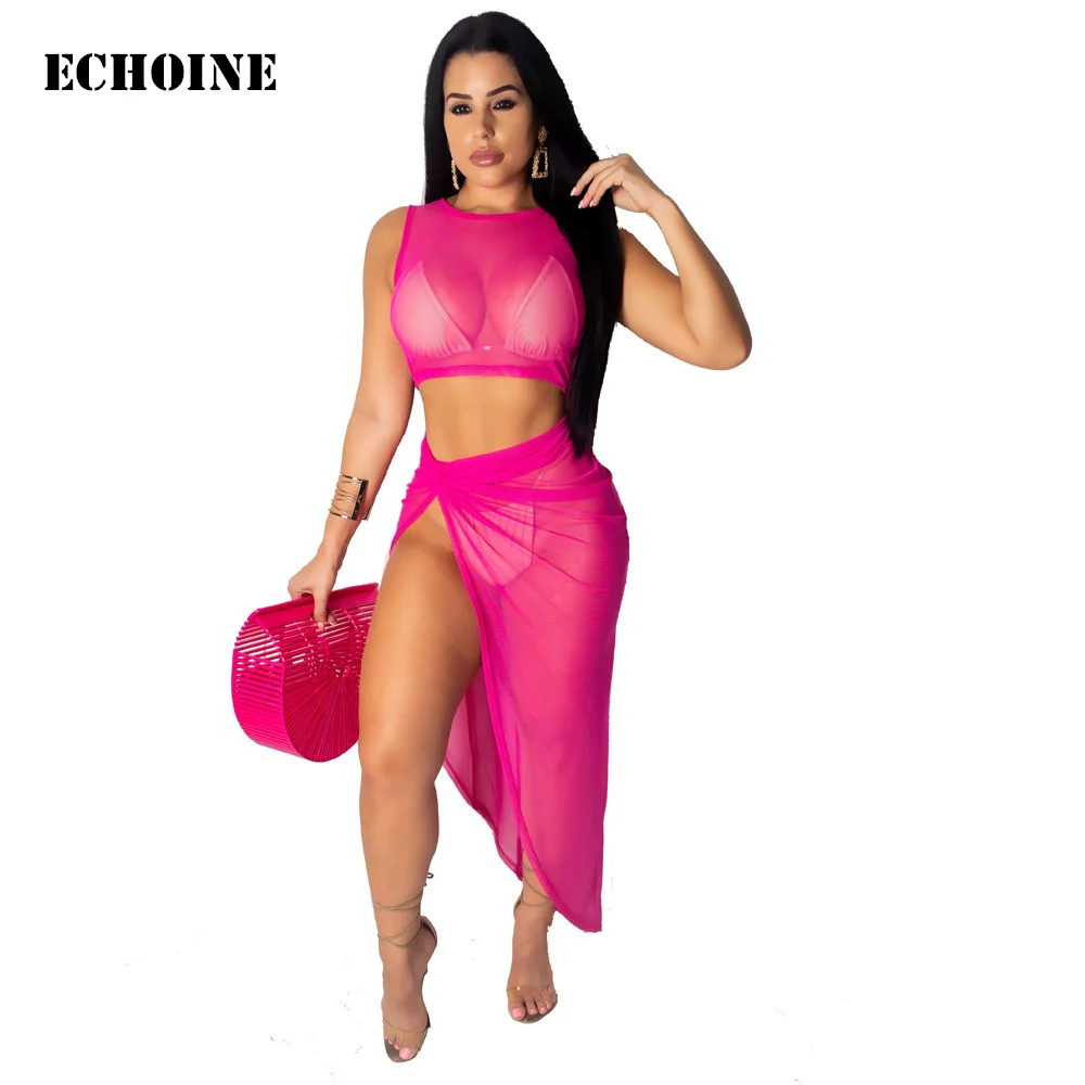 

Transparent Sexy Sheer Mesh Skirt Set 2 Piece Set Sleeveless Crop Top and Irregular Split Skirt Slim Bodycon Club Outfits Party