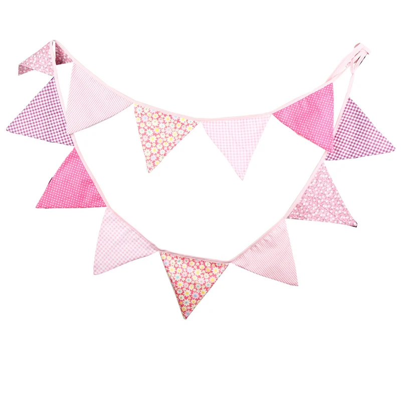 

12 Flags 3.2m New Pink Birthday Cotton Fabric Bunting Banners Pennant Baby Shower Wedding Garland Flags for Party Supplies Decor
