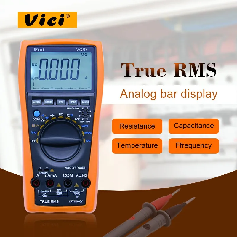 

VICI VC87 True RMS Digital Multimeter Auto/manual range DCV ACV DCA ACA DMM Frequency Capacitance Temperature & hFE Tester