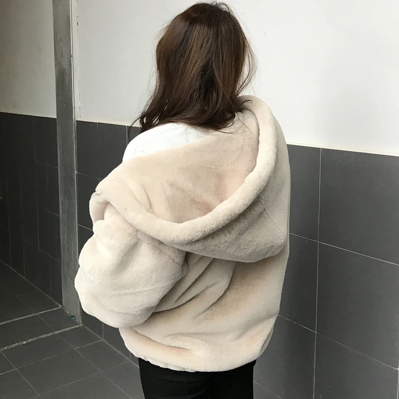 Court Imitation Femelle Faux Version 2018 Mode En Lapin Manteau Rex Fourrure De Et D'hiver Peluche Nouvelle rose À Beige L'épaisse Coréenne noir Capuchon Automne PUwxUqvX