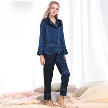 

Silk Loose Long Sleeve Turn-down Collar Sleeping Pajamas for Women Lingerie Long Pants Nightwear Two Piece Home Wear
