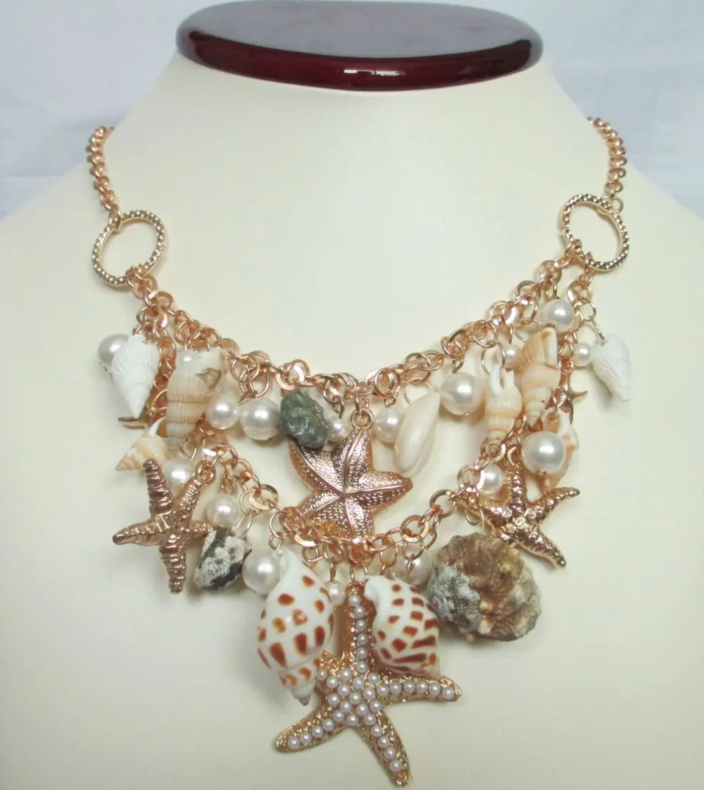6 pcs/lot Gold Tone Starfish & Sea Life Design Shell Charm Necklacein