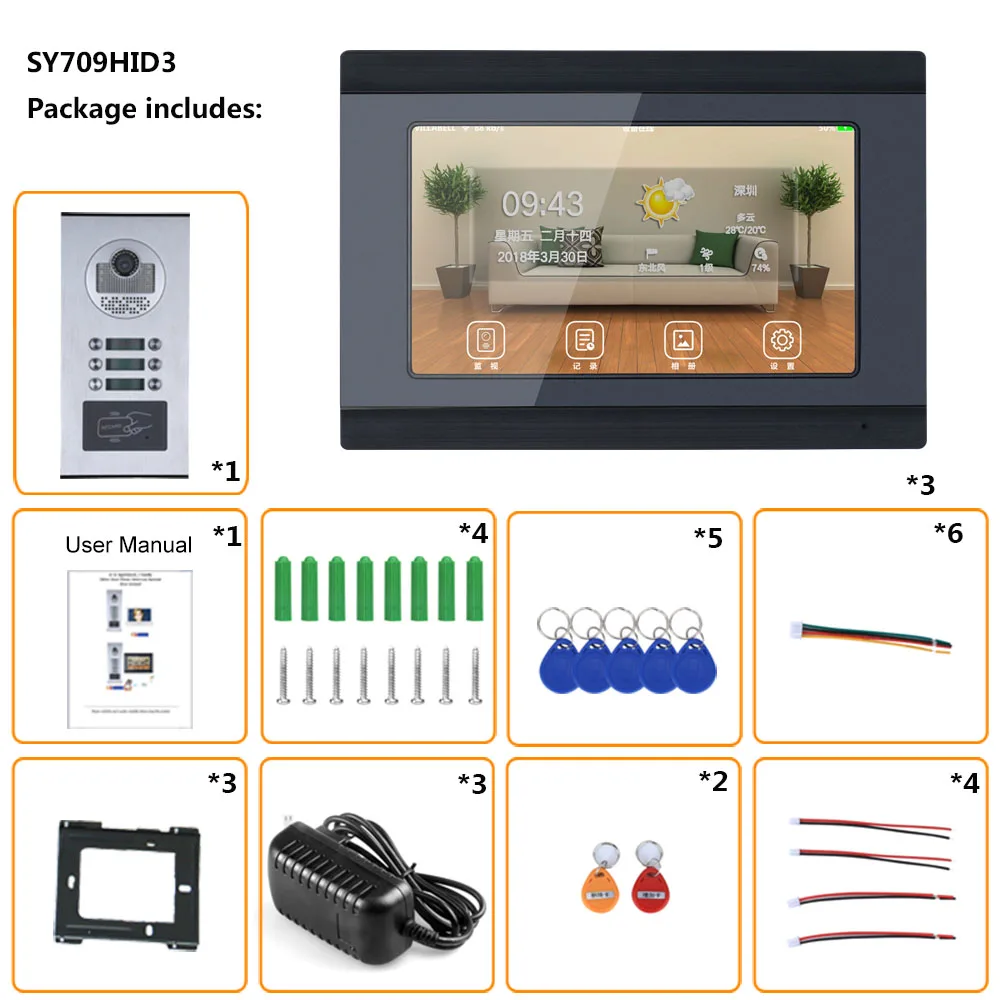 7 дюймовые часы с записью времени проводной Wi-Fi, 3/4/5/6 квартира/Семья видео-телефон двери внутренной связи Системы RFID IR-CUT HD 1000TVL Камера с 6