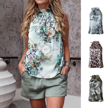 

Women Summer Sleeveless Top Floral Leopard Camouflage Lace-up Style