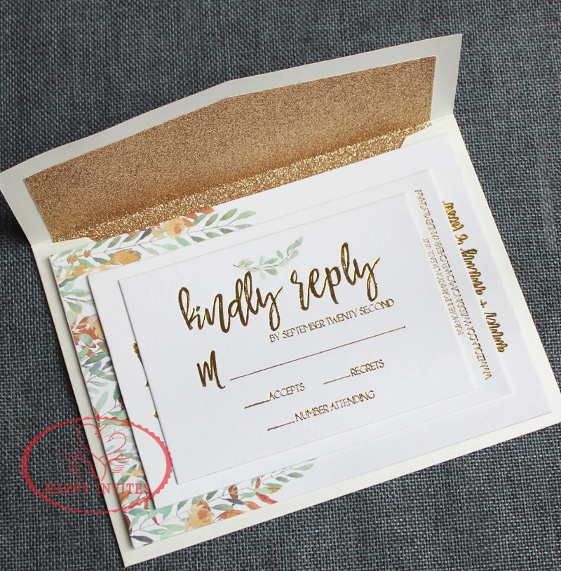 HI1150-05 Simple White Wedding Invitation Card Wedding Menu with Gold Letterpress and Colorful Printing
